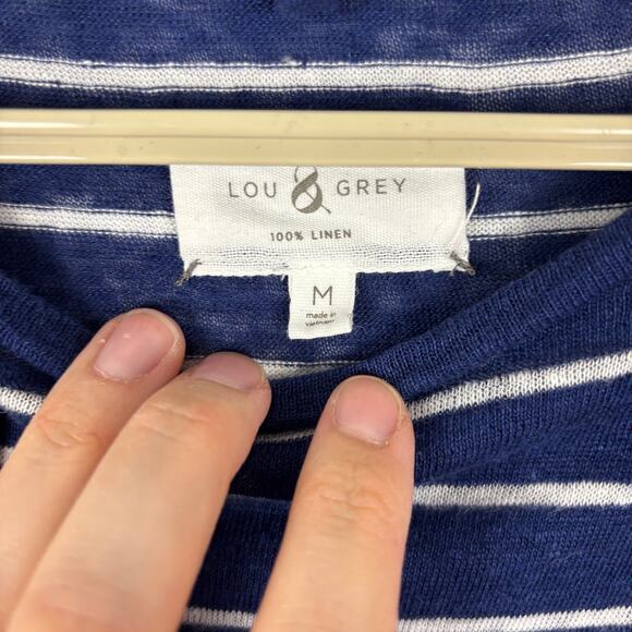 Lou & Grey 100% Linen long sleeve top Navy Blue White Stripes Medium crewneck - Picture 5 of 6